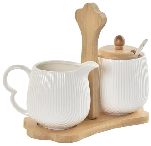 Set Azucarero con Cucharilla y Jarrita Lechera Porcelana Blanco con Soporte Madera Nordico -Jarra y Lechera para Mesa Cocina