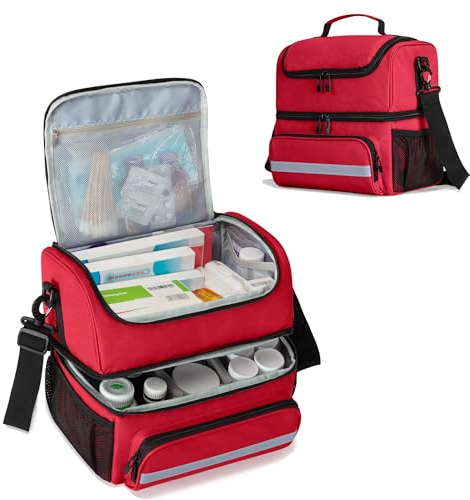 CURMIO Double Layer Medicine Storage Bag Empty, Family First Aid Organiser for Emergency Medical Kits, Portable Medicine Supplies Bag for Home and Travel, Red