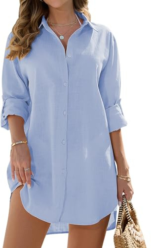 RITOSTA Copricostume Donna Mare Sexy Camicia in Cotone Camicione Estiva Abiti Lunghi Copribikini Vestiti Mare Corti Spiaggia Camicetta Costume da Bagno Bikini Cover Up Bluse per Spiaggia (Blu,S)