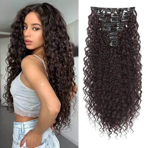 FLUFYMOOZ 9PCS Clip in Hair Extensions, 22 Inch Clip in Haarverlängerungen lockige Haarverlängerung, lange, weiche synthetische Haarteile für Frauen Dunkelrötlichbraun