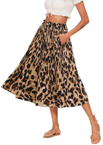 HOTOUCH Damen Leo Rock Lang Elastische Taille Chiffonrock Sommer Swing Elegant Faltenrock Leoparden Plisseerock mit Taschen Größe S