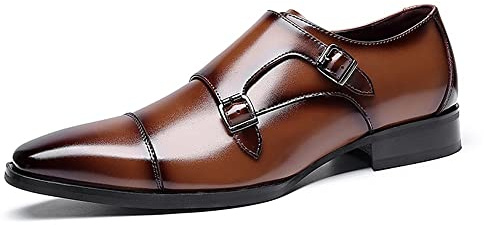 Kanggrei Scarpe da Uomo con Doppia Fibbia Monk Strap Monk in Pelle con Punta Liscia Scarpe Eleganti da Uomo in Pelle Oxford Formali da Lavoro Casual(Color:Marrone,Size:42 EU)