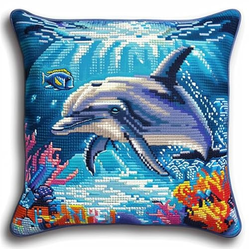 kitphoenix Latch Hook Kissen Kit Delfin Knüpfkissen Set für Anfänger Erwachsene oder Kinder zum Selber Knüpfen, DIY Knüpfteppich Knüpfpackung, Knüpfhaken Set 43 x 43 cm