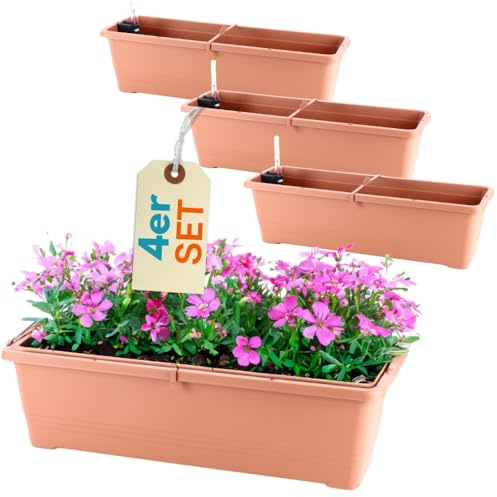 GarPet 4er Set Blumenkasten mit Wasserspeicher Blumenkasten Fensterbank Pflanzkasten Outdoor Wasserstandsanzeiger Gießschacht Bewässerungsband 60 cm Terrakotta