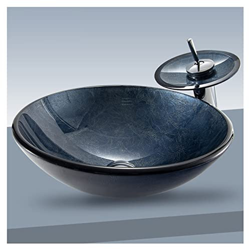 DLAZUM Badezimmer-Waschtisch, blau-schwarz, ovales Waschbecken aus gehärtetem Glas, Aufsatzwaschbecken mit Montagering, Aufsatzwaschbecken aus gehärtetem Glas (B)