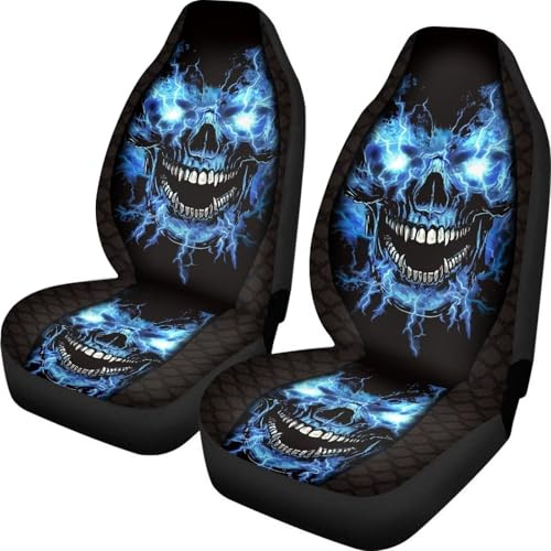 Buybai Lustige Totenkopf-Print in Blau Autositzbezüge 2-teiliges Set Schalenschoner Strapazierfähige Sitzbezüge für Autos Komplettes Set Autozubehör für Männer Frauen