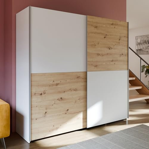 Forte Schach & MATT Kleiderschrank 200, Moderner Schwebetürenschrank mit 2 Türen im Schachbrettmuster, Holzwerkstoff, Artisan Eiche Dekor mit Weiß, 200,1 cm breit, 190,5 cm hoch, 61,2 cm tief
