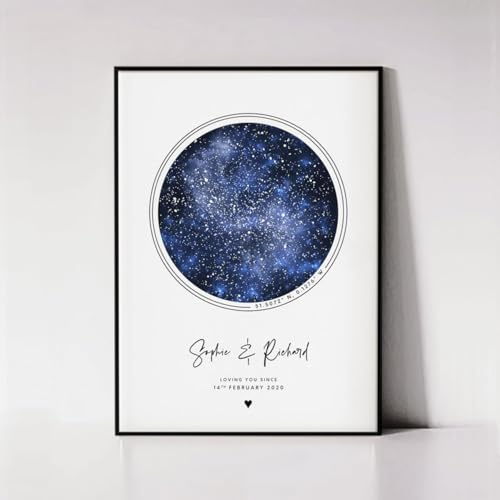 Stampa con mappa stellare personalizzata con cornice, poster personalizzato con cielo notturno, anniversario di matrimonio, tela celestiale, arte digitale stampabile (35 x 50 cm)