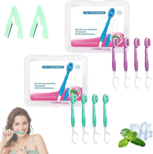 Mini brosses à dents et fil dentaire jetables 5 en 1 pour les déplacements, mini brosse à dents de voyage, grattoir à langue, kit de fil à dents, soins bucco-dentaires portables pour le travail en