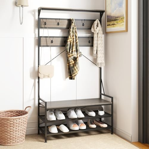 COSTWAY 184 cm garderobsställ med skohylla, skohylla med garderob, klädställ med bänk, inkl. 11 krokar, för hall, vardagsrum, sovrum, metallram (grå)