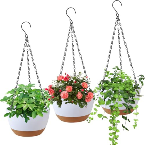 LOMUG Blumenampel Hängend für Außen Innen, Blumentopf Hängetopf mit Abnehmbarem Tablett und Drainagelöchern, Hängeampel für Outdoor Garten Wohnzimmer Balkon, 3 PCS (Weiß)