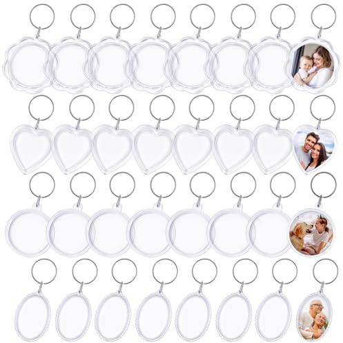 Transparente Acryl Schlüsselanhänger mit Bild - 32 Stück Leerer Bilderrahmen Schlüsselring, Schlüsselanhänger Foto doppelseitig, Personalisierter Bilderrahmen Schlüsselring für Familie und Freunde