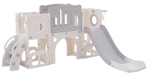 Solisburne Scivolo per bambini 6 in 1 per bambini dai 3 ai 6 anni, piattaforma, mobiletto, gioco di perforazione, cestino da basket e scale, scivolo da giardino per interni ed esterni