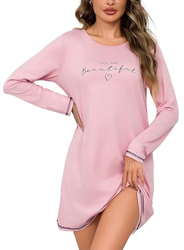 Bresdk Camicia Notte Donna Manica Lunga Cotone Abito da Notte Elegante con Stampa Pigiama Donna Invernale Girocollo Comodo Nightwear per Casa e Relax S-XXL