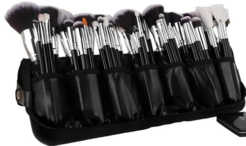 wfljl Professional Makeup Brush Organizer Bag - Leather Travel Case | Portable Cosmetic Bag with Multiple Pockets, Perfect for Makeup Artists & Daily Use to Hold & Protect Brushes Efficiently
