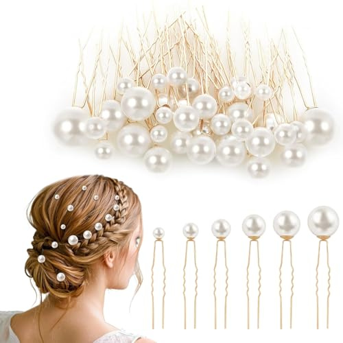 KIRZAX 36pcs Pince Chignon à Cheveux en 6 Tailles Perles,épingles à Cheveux en Perles,Accessoires Pour Cheveux En Forme De U,pour Mariée, Demoiselle, Filles,Femmes