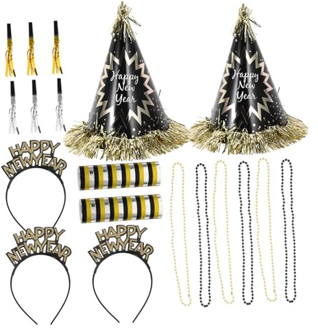 LOLIPPYY Sombreros y Accesorios de Fiesta de Año Negro y Dorado Diademas Pitos y Collares Decoración Segura para Eventos Interior y Exterior