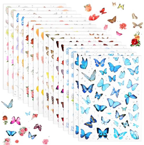 LIQWEI 16 Blätter Sticker Blumen und Schmetterlinge, Schmetterling Sticker Süße selbstklebende dekorative Aufkleber Aufkleber Blumen und Schmetterling Deko Für Fotoalbum Journaling Scrapbooking DIY