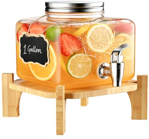 Aofmee Glass Drink Dispenser for Fridge, 1 Gallon Beverage Dispenser with Stand and Spigot, Drink Dispensers for Parties, Large Water Dispenser for Outdoor, Iced Tea, Juice, Lemonade