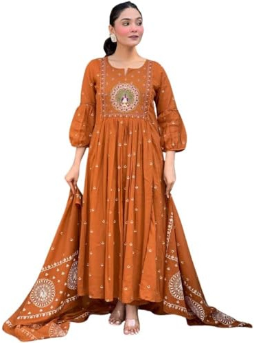 RangMahal Store Women’s Cotton Anarkali Kurti Pant Dupatta Set | Flared 3-Piece Indian Ethnic Dress for Women | Traditional Outfit for Festive, Wedding Guest, Party & Evening Wear- Medium