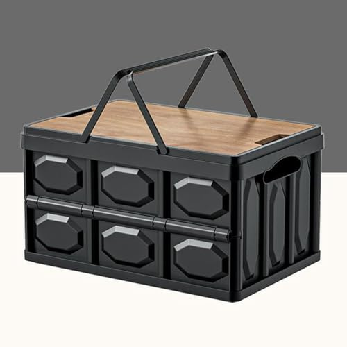 Panier de pique-nique pliable, caisses de rangement en plastique avec couvercle en bois, grande capacité, empilable, organisateur de garage pliable pour camping, noir, taille XL