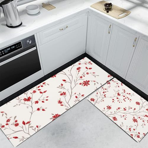 Fleurs élégantes Lot de 2 Tapis de Cuisine Antidérapants et Lavables, Fleurs Sauvages vignes Tapis de Sol Cuisine pour Décoration de Maison, Bureau, Bureau Debout 50x80cm+50x150cm, Rouge