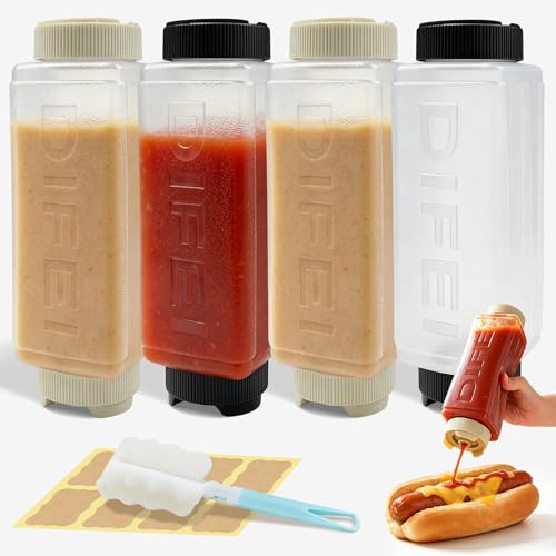 Ferenando 4 Stück Quetschflasche 720ml/24oz, Auslaufsichere Squeeze Flasche | Salatdressing Flasche mit Pinsel & Aufklebern, Saucenflasche für Ketchup, Dickflüssige Würzmittel, BBQ, Küche, Picknick