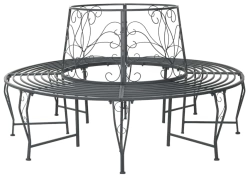 Fecpoo Banc d'arbre 8 places Ø 160 x 89 cm en acier gris argenté | Banc d'extérieur rond en acier résistant aux intempéries, 150 kg/siège, montage facile, dossier motif floral