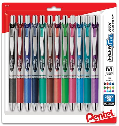 Pentel EnerGel RTX Retractable Liquid Gel Pens, (0.7mm), Assorted Colors, Ultimate Writing Pens, Best Writing Pens for Office, School and Journaling, Pack of 12