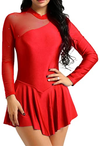 YiZYiF Damen Eiskunstlauf Kleid Langarm Tanz Ballettkleid Trikot mit Strass Rhythmische Gymnastik Tanzkleidung Wettkampf Kostüm Rot M
