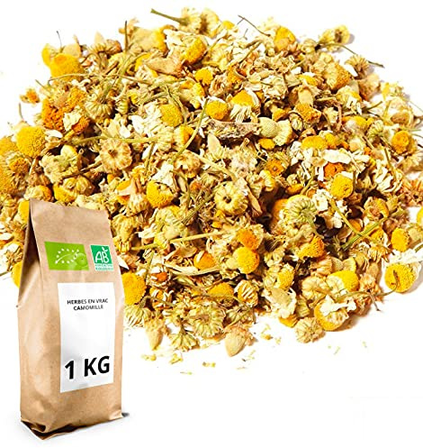 Camomille - Fleurs séchées de camomille en vrac Bio - Infusion & tisane - Bienfaits sur la digestion & sur le sommeil - 1 kg (400 tasses) - 100% Agriculture Biologique - Thés Direct