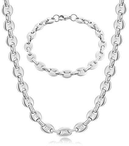 AFSTALR Halskette Herren Edelstahl 6/9/11mm Kaffeebohne Kette Armband Set für Männer Silber/Gold/Schwarz 51/56/61CM Hip Hop Halskette Plattenkette für Herren