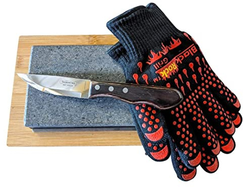 Black Rock Grill Steak Stone Cooking Experience - Premium Gift Set with Steak Knife, and Protective Gloves
