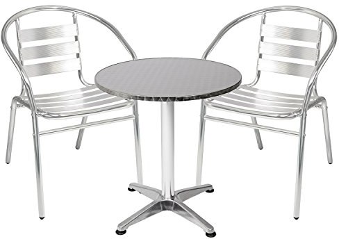 INDA-Exclusiv Bistrogarnitur 3-teilig Bistrotisch Aluminium Rund Ø 60cm H70cm / 110 cm höhenverstellbar + klappbar + 2 Bistrostühle Aluminium Stapelstuhl