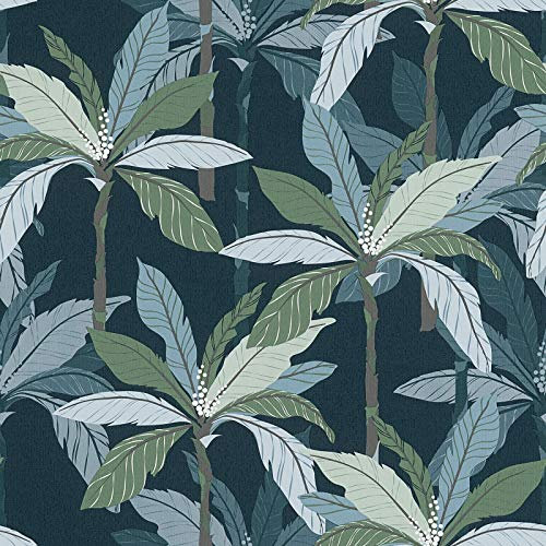 Papier peint tropical moderne bleu pétrole & vert | Tapisserie chambre adulte jungle | Papier peint jungle intissé pour salon
