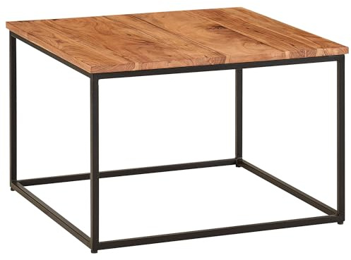 FineBuy Couchtisch 60x60x41 cm Akazie Massivholz, Metallgestell Schwarz | quadratischer Wohnzimmertisch Industrial mit Ablage, Sofatisch aus Echtholz, handgefertigtes Unikat