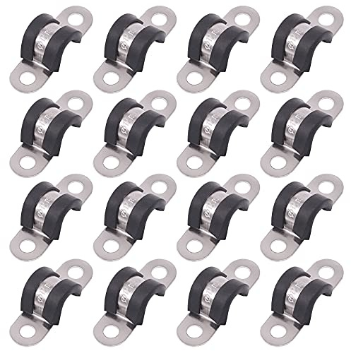 Glarks Lot de 16 colliers de serrage de 12 mm à 2 trous en acier inoxydable 304 avec coussin en caoutchouc rigide pour fixation de tuyaux