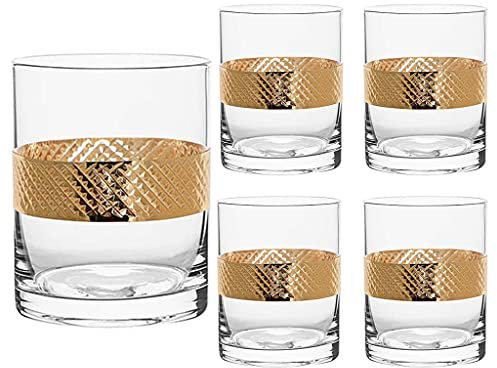 Dibor Set of 4 Whisky Tumblers Geometric Embossed Gold Diamond Band Whiskey Glasses Glassware Gift Set