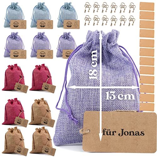 Jutesäckchen 12x 18x13cm Säckchen mit Kordelzug + Karten | Hochzeiten und Party Nachhaltig DIY Handwerk Tasche Mitbringsel | Mehrfarbig Stoffbeutel für Kindergeburtstage Weihnachte 190g/m2