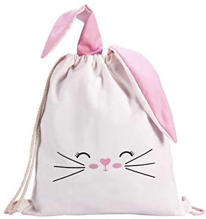 KAIGOBOX Rucksack mit Kordelzug für Kinder, Turnbeutel für Damen mit rosa Hasenohren,Sportbeutel Mädchen,Weiß,L, Sportrucksack für Strand-Gym-Tanzen