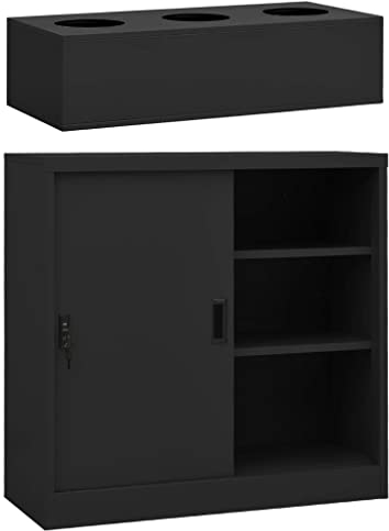 Büroschrank, Aktenschrank mit Schiebetüren und 2 verstellbaren Einlegeböden, Metallspind Metallschrank Schrank mit Pflanzkasten, 90 x 40 x 113 cm Anthrazit Stahl