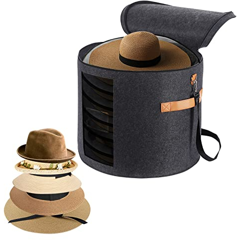 Ohiyoo Hat Box Hat Storage Box with Lid 19'' Hat Storage Boxes for Women & Men Large Round Hat Boxes for Storage Foldable Felt Hat Boxes with Lids Stuffed Animal Toy Storage Bin with Lids (Dark Gray)