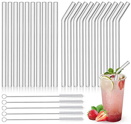 PEAKTOP Glas Strohhalm, Glasstrohhalme Lang, Trinkhalme Wiederverwendbar | Glas Trinkhalme mit 5 Reinigungsbürsten, für Cocktail Gläser, Bubble Tea, Smoothie und Säfte