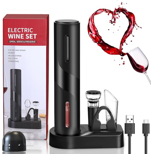 ZOYIDOUX Wiederaufladbarer elektrischer Flaschenöffner 7 in 1 Geschenk-Set, Korkenzieher für Wein mit Basis, Ausgießer, Silikonverschluss für Vakuum, Folienschneider, Champagnerstopfen, USB-Linie
