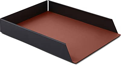 Eglooh - Dafne - Ablagefächer Stapelbar für Schreibtisch und Büro mit Struktur aus schwarzem Stahl - Innerer Boden aus echtem Leder Orange Braun - DIN A4 cm 32,5 x 24,2 x H.5 - Made in Italy
