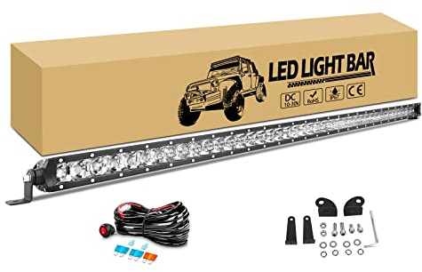 RIGIDON Led lichtleiste kfz mit 12V kabelbaum kit, 110cm 210W einzelne reihe led Strahler offroad beleuchtung, wasserdicht arbeitslichtleiste für 4x4 Auto SUV ATV Traktor LKW Fahrzeuge 6000K weiß