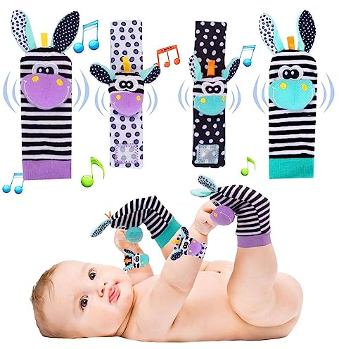 Juego de 4 piezas de acevo juego de calcetines de Ratán para bebés, pulsera de Ratán juego de juguetes de educación temprana para bebés juguetes para recién nacidos lindos animales para 0-36 meses