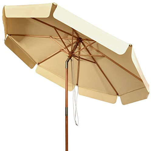 KOMFOTTEU Sombrilla de Jardín Ø300cm, Parasol Inclinable de Madera y Poliéster Con Protección Solar, Redonda de Manivela para Playa y Terreza