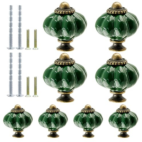 Suiwotin 8pcs Ceramic Pumpkin Cabinet Knobs, Dark Green Vintage Drawer Knobs for Vanity, Closet, Cupboard