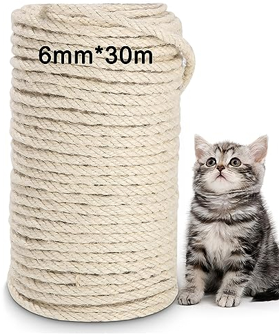 Corda Tiragraffi per Gatti,6mm×30 M Corda di sisal Naturale Multifunzione Corda di Sisal Sisal Corda per Riparazione e Sostituzione di Gatto Scratching Pilastro,Gatto Graffiare Pad, Giardinaggio